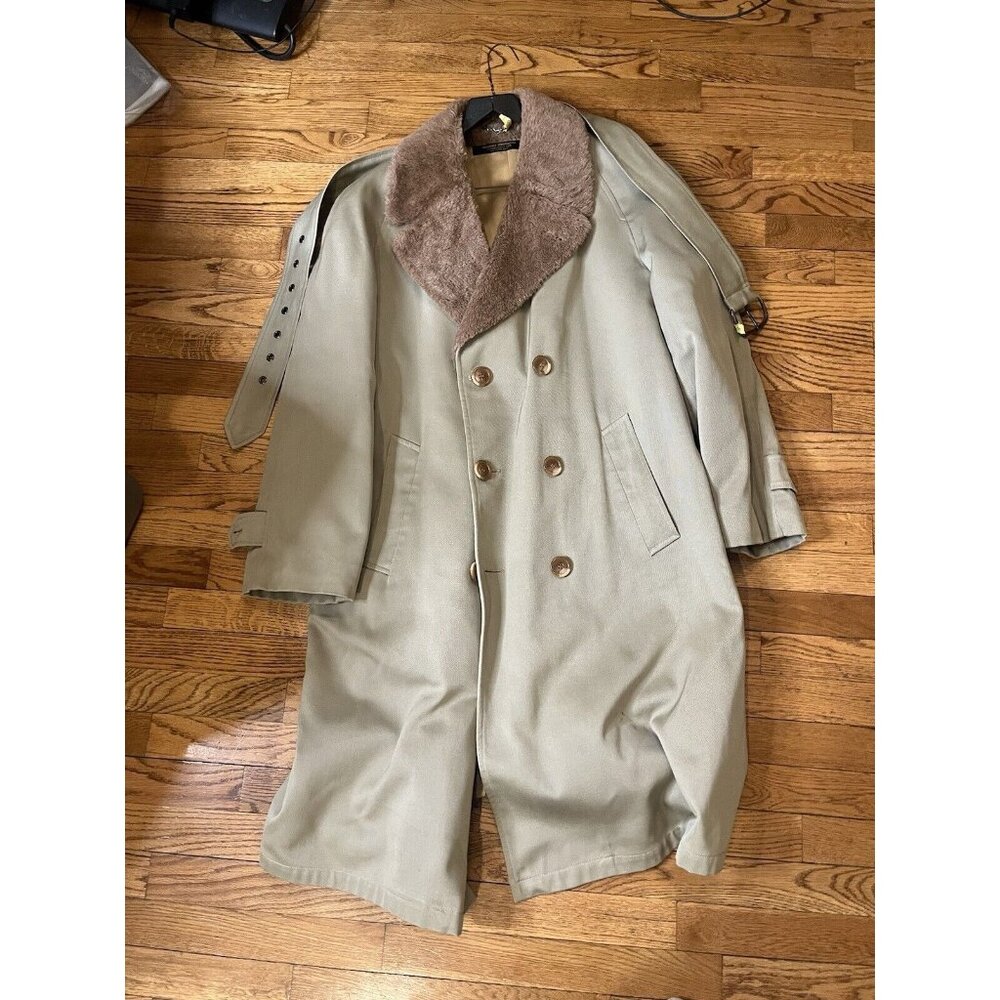 Brooks Brothers Beige Overcoat Belted Trench Coat Faux Fur Fleece Lining No Size